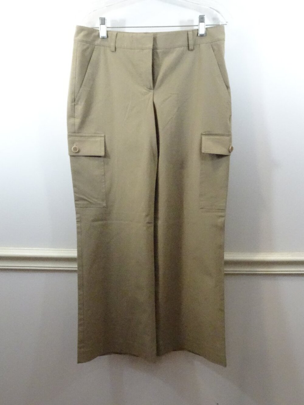 Theory Wide-Leg Mid Rise Cargo Pant Crisp Poly Tan Size 6 Made in USA